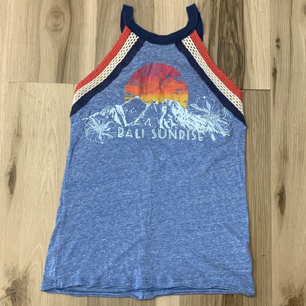 We The Free Bali Sunrise Boho Graphic Tank Blue w Red/Cream Crochet Trim Size XS